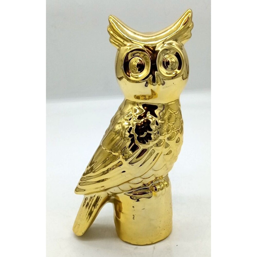 Vintage Ceramic Gold Tone Shiny 8" Owl Figurine  Statue MCM Style